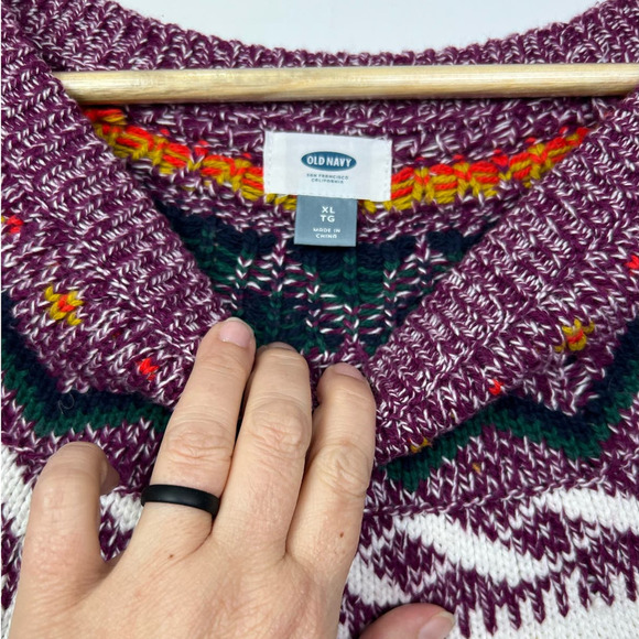 Old Navy Fair Isle Purple Long Sleeve Knitted Sweater Yellow White Green Top XL - Picture 4 of 7